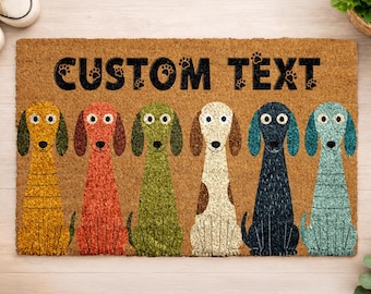 Custom Dog Family Doormat, Personalized Pet Lover Welcome Mat, Colorful Long Ear Dogs Door Mat, Funny Dog Mom Housewarming Gift