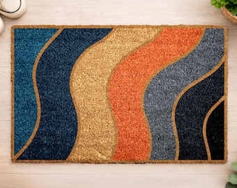 Abstract Wave Doormat, Retro Geometric Coir Door Mat, Colorful Mid Century Modern Entryway Decor, Boho Front Porch Housewarming Gift Idea