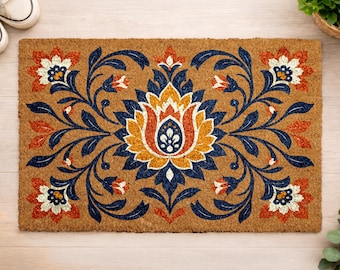 Vintage Floral Coir Doormat, Baroque Style Welcome Mat, Outdoor Front Door Rug with Ottoman-Inspired Design, Boho Chic Gift Home Decor