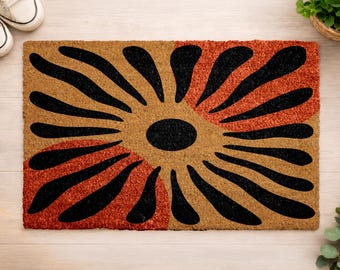 Retro Sunburst Doormat, Abstract Boho Door Mat, Mid Century Modern Welcome Mat, Orange Black Coir Rug, Artsy Entryway Decor