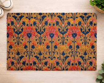 Vintage Folk Art Doormat, Colorful Ornamental Coir Mat, Botanical Pattern Welcome Mat, Boho Entryway Rug, Housewarming Gift for Her