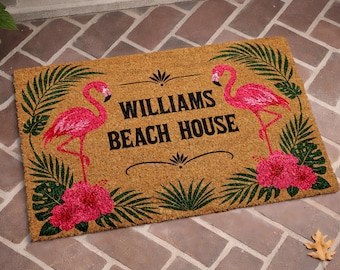 Custom Flamingo Doormat, Personalized Beach House Welcome Mat, Tropical Floral Door Mat, Coastal Summer Entry Rug, Pink Flamingo Porch Decor