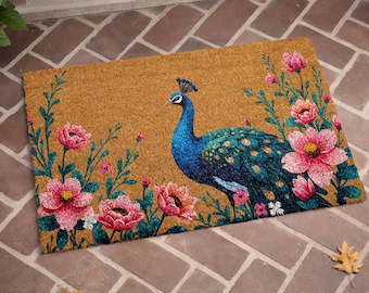 Peacock Floral Doormat, Colorful Bird Welcome Mat, Pink Flower Coir Door Mat, Spring Garden Entry Rug, Nature Lover Housewarming Gift