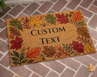 Custom Autumn Leaves Doormat, Personalized Fall Welcome Mat, Leaf Border Entry Rug, Thanksgiving Porch Decor, Seasonal Front Door Mat