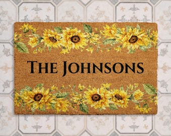 Felpudo personalizado con girasoles, felpudo de bienvenida con nombre familiar personalizado, alfombra rústica para la puerta principal, regalo de inauguración de casa, alfombra floral para la entrada exterior.