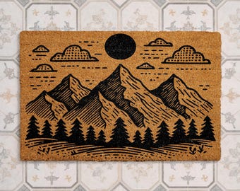 Felpudo rústico de fibra de coco de montaña, felpudo de bienvenida para cabaña, felpudo de entrada con paisaje de bosque, decoración exterior de pino, regalo de inauguración de casa con temática de naturaleza