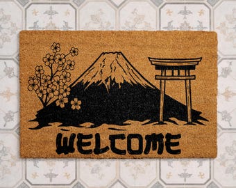 Felpudo japonés, felpudo de bienvenida del Monte Fuji, felpudo Sakura, decoración inspirada en Japón, alfombra de entrada zen, decoración de porche de estilo asiático, regalo de inauguración de casa