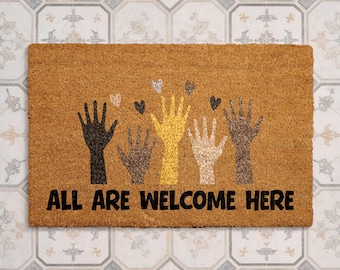 Felpudo "Todos son bienvenidos aquí", felpudo de bienvenida inclusivo, felpudo "Manos de la diversidad", decoración para el porche, regalo de inauguración de casa, alfombra de entrada moderna