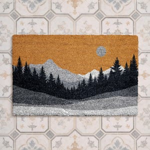 Forest Landscape Doormat, Mountain Scene Coir Mat, Rustic Woodland Welcome Rug, Nature Inspired Porch Decor, Modern Cabin Entry Mat,