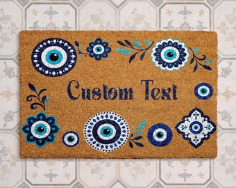 Personalized Evil Eye Doormat, Personalized Turkish Nazar Mat, Boho Blue Entry Rug, Mediterranean Porch Decor, Unique Custom Welcome Mat