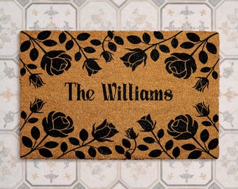 Felpudo minimalista de rosas negras, felpudo de bienvenida personalizado, alfombra de entrada con nombre familiar personalizado, felpudo botánico moderno