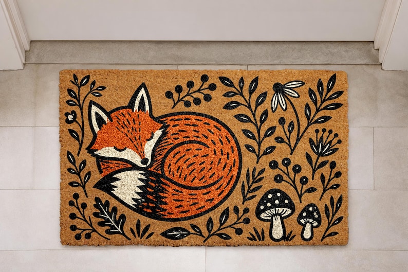 A decorative door mat with a fox curled up and surrounded by various plants and mushrooms.