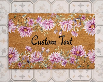 Felpudo floral personalizado, felpudo de bienvenida de fibra de coco con texto personalizado, alfombra rosa para la entrada del jardín, decoración de estilo cottagecore para la puerta principal, regalo de inauguración de casa