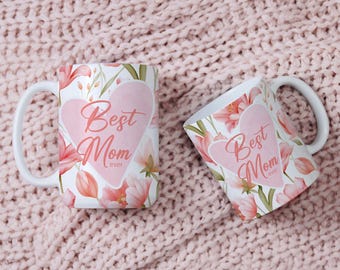 Best Mom Ever Mug, Pink Tulip Coffee Cup, Floral Heart Ceramic Mug for Mom, Mother’s Day Gift, 11oz 15oz, Pink Floral Heart Coffee Mug