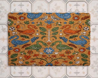 Medieval Swan Doormat, Floral Coir Door Mat, Cottagecore Entryway Rug, Folk Art Home Decor, Botanical Bird Mat, William Morris Style,