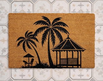 Felpudo de resort tropical, felpudo de bienvenida con palmeras, felpudo de cabaña costera, decoración playera para el porche, felpudo de verano para exteriores