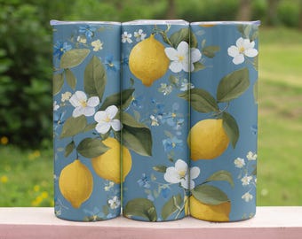 Lemon Floral Tumbler 20oz, Summer Citrus Cup with Lid & Straw, Blue Aesthetic Tumbler, Cute Lemon Drinkware, Iced Coffee Cup Gift for Her
