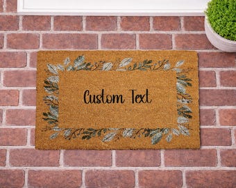 Custom Botanical Doormat, Minimalist Greenery Welcome Mat, Custom Family Name Entry Rug, Modern Farmhouse Door Mat, Neutral Leaf Doormat