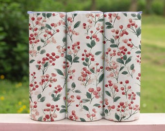 Vaso delgado con diseño floral de bayas de 20 oz, taza de acero inoxidable con pajita y diseño de bayas rojas de acuarela, taza de viaje botánica estilo Cottagecore