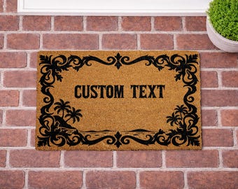 Custom Tropical Beach Doormat, Personalized Elegant Welcome Mat, Coastal Palm Tree Doormat, Custom Name Rug, Beach House Entry Mat,
