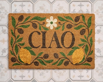 Ciao Lemon Olive Doormat, Italian Kitchen Entry Rug, Mediterranean Welcome Mat, Summer Floral Coir Door Mat, Tuscan Porch Decor Gift