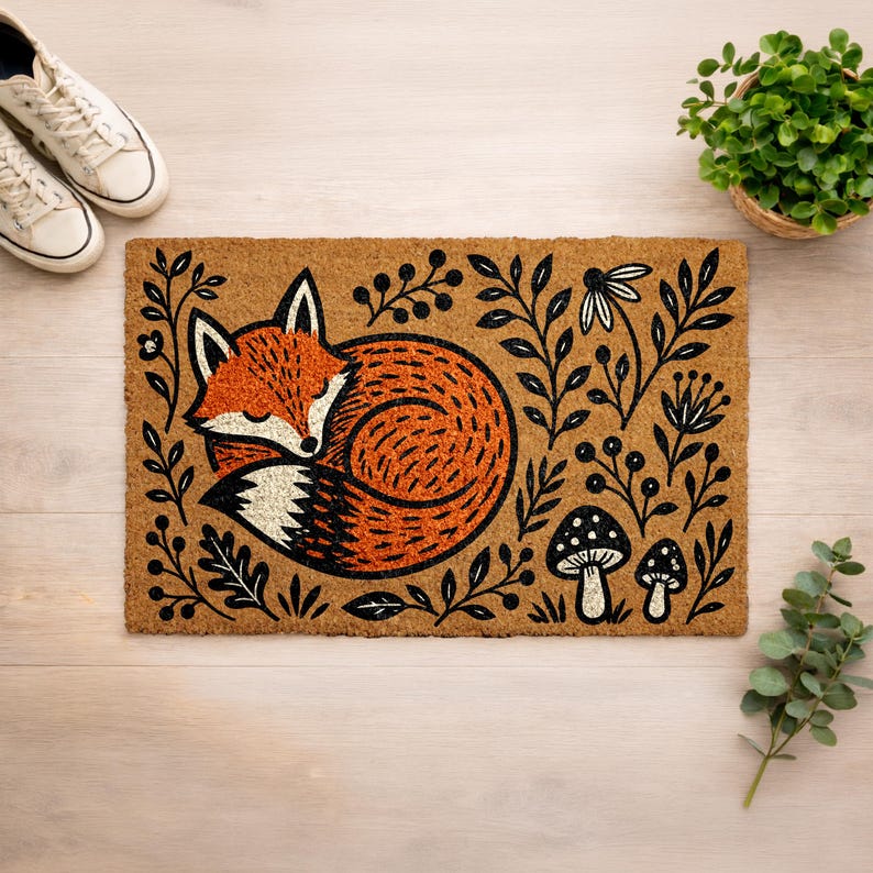 a decorative door mat with a fox illustration and various natural elements such as mushrooms and leaves. The mat is placed on a wooden surface, with a pair of white sneakers and a potted plant nearby.