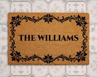 Felpudo personalizado con nombre familiar, felpudo de bienvenida de fibra de coco con apellido personalizado, felpudo elegante con borde para la puerta principal, regalo clásico para inauguración de casa,