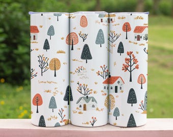 Vaso térmico delgado de 20 oz con diseño de escena campestre y bosque acogedor.