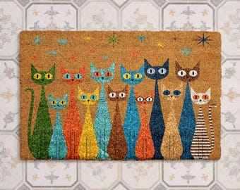 Felpudo colorido para gatos, felpudo retro para amantes de los gatos, decoración moderna de mediados de siglo para gatos, felpudo de fibra de coco con gatitos originales, regalo adorable para dueños de mascotas