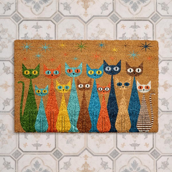 Colorful Cat Doormat, Retro Cat Lover Welcome Mat, Mid Century Modern Cat Decor, Whimsical Kitty Coir Doormat, Cute Pet Owner Gift