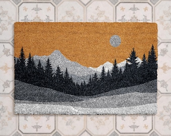 Felpudo con paisaje forestal, felpudo de fibra de coco con escena de montaña, alfombra de bienvenida rústica con temática de bosque, decoración de porche inspirada en la naturaleza, felpudo de entrada moderno para cabaña,