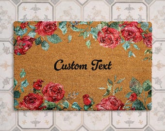 Custom Rose Doormat, Vintage Floral Name Doormat, Romantic Cottage Entry Mat, Personalized Coir Welcome Mat, Housewarming Gift
