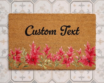 Felpudo personalizado con estampado floral rosa, felpudo de bienvenida a medida, alfombra romántica de fibra de coco con flores, decoración de primavera para el porche, regalo de inauguración de casa para ella.