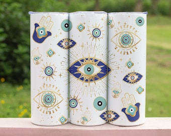 Böses Auge 20 Unzen Becher, Hamsa Edelstahl Reisebecher, Nazar Schutz Boho Ästhetische Wasserflasche, spirituelles Geschenk