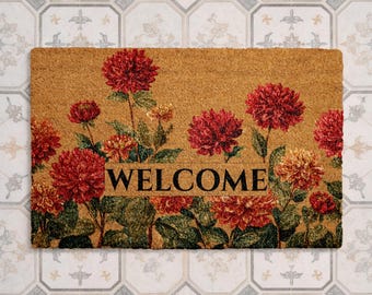 Felpudo de bienvenida floral, felpudo de flores rojas, felpudo de bienvenida de jardín vintage, decoración de porche delantero, felpudo de otoño, alfombra de entrada acogedora,