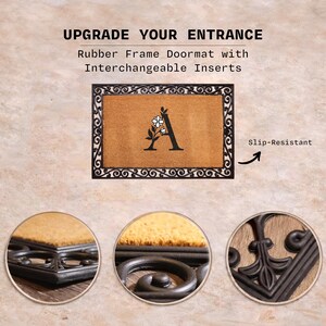 The image is an advertisement for a rubber frame door mat with interchangeable inserts. It features a close-up view of the mat and a slip-resistant design.