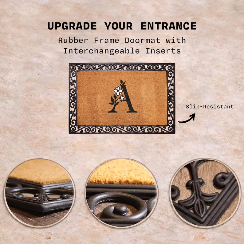 The image is an advertisement for a rubber frame door mat with interchangeable inserts. It features a close-up view of the mat and a slip-resistant design.