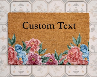 Felpudo vintage personalizado, felpudo de bienvenida con nombre personalizado, alfombra de fibra de coco con estampado floral de jardín, decoración de primavera para la entrada, regalo de inauguración de casa