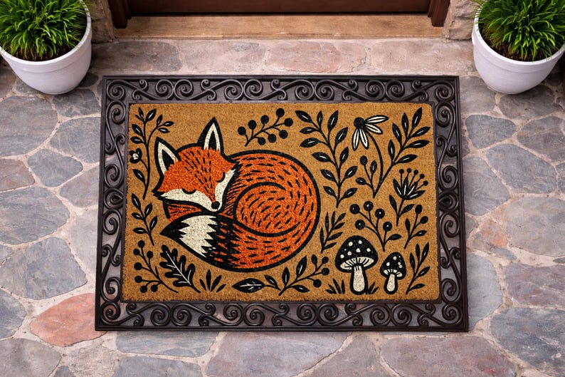 A decorative door mat with a fox curled up and surrounded by various plants and mushrooms.