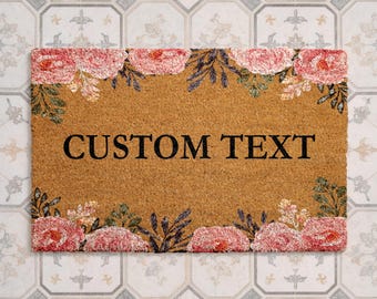 Felpudo floral personalizado, felpudo de bienvenida con nombre personalizado, felpudo de flores rosas, regalo de inauguración de casa, alfombra de entrada con nombre familiar, decoración para el porche exterior.
