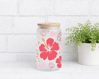 Hibiscus Floral Glass Tumbler with Lid & Straw, Tropical Summer Drinkware, Pink Flower Iced Coffee Cup for Gift