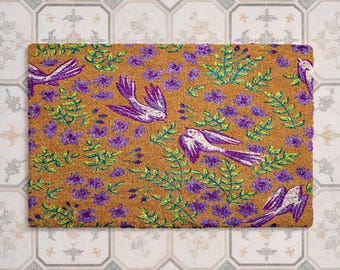 Folk Art Bird Doormat, Floral Coir Welcome Mat, Whimsical Spring Door Mat, Colorful Cottagecore Entry Rug, Housewarming Gift
