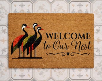 Heron Welcome Doormat, Welcome to Our Nest Coir Mat, Bird Entryway Rug, Nature Inspired Front Door Mat, Rustic Housewarming Gift