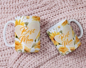 Best Mom Ever Mug, Sunflower Floral Coffee Mug for Mom, Yellow Heart Ceramic Cup, Inspirational Gift for Mother’s Day, 11oz 15oz Mug