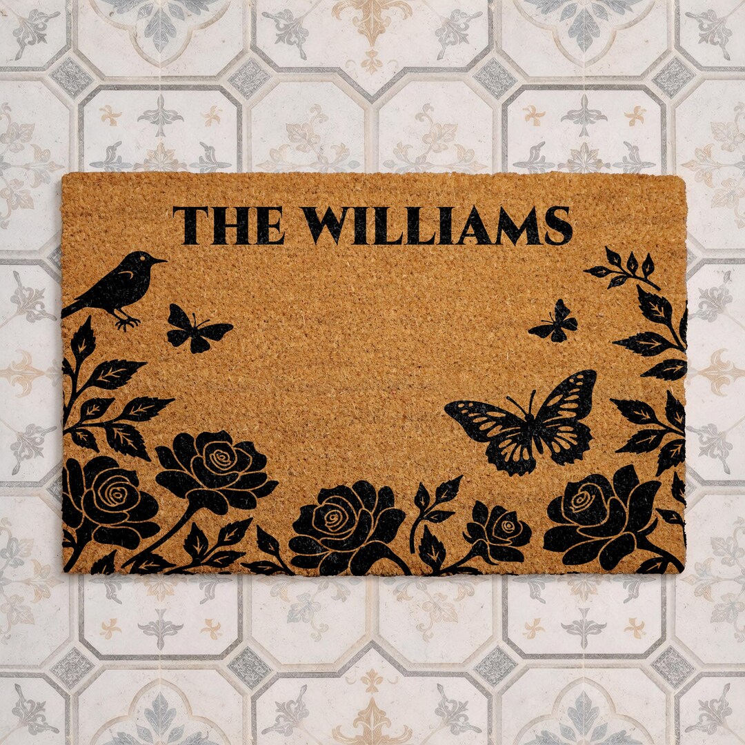 Personalized Floral Family Name Doormat, Custom Last Name Coir Welcome ...