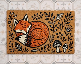 Sleeping Fox Doormat, Woodland Wildlife Welcome Mat, Cottagecore Door Mat, Forest Porch Decor, Fox Lover Gift, Cozy Mushroom Entry Rug