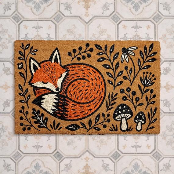 Sleeping Fox Doormat, Woodland Wildlife Welcome Mat, Cottagecore Door Mat, Forest Porch Decor, Fox Lover Gift, Cozy Mushroom Entry Rug