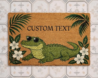 Personalized Alligator Doormat, Tropical Custom Text Welcome Mat, Funny Crocodile Door Mat, Summer Entryway Decor, Coastal Housewarming Gift