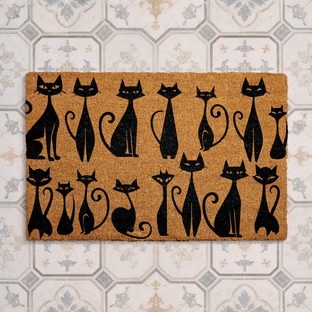 Modern Black Cat Doormat, Minimalist Cat Pattern Coir Doormat, Cat ...