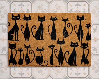 Modern Black Cat Doormat, Minimalist Cat Pattern Coir Doormat, Cat Lover Gift, Cute Front Porch Decor, Outdoor Welcome Mat
